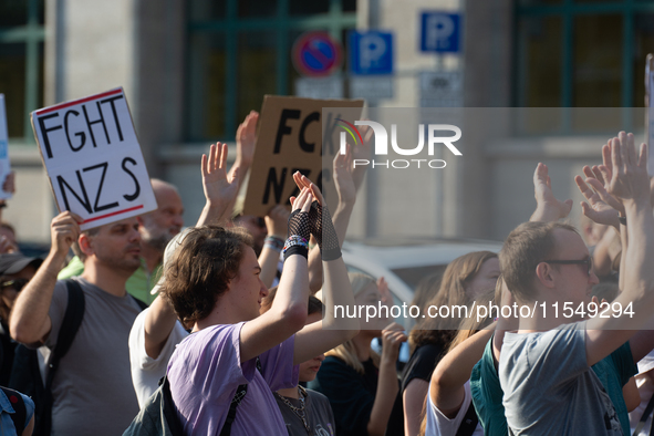 Thousands of people take part in a demonstration against an AF politician event for community dialogue at Essen Philharmonic Hall in Essen,...