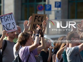 Thousands of people take part in a demonstration against an AF politician event for community dialogue at Essen Philharmonic Hall in Essen,...