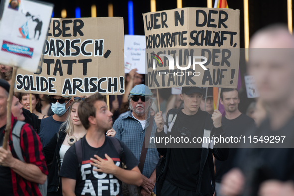 Thousands of people take part in a demonstration against an AF politician event for community dialogue at Essen Philharmonic Hall in Essen,...