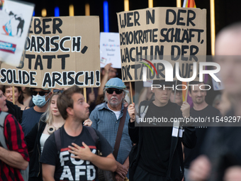 Thousands of people take part in a demonstration against an AF politician event for community dialogue at Essen Philharmonic Hall in Essen,...