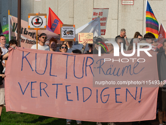 Thousands of people take part in a demonstration against an AF politician event for community dialogue at Essen Philharmonic Hall in Essen,...