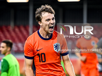 Netherlands player Youri Regeer celebrates the 1-0 goal during the match between the Netherlands and North Macedonia at the Yanmar Stadium f...