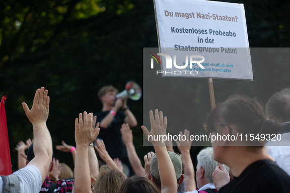 Thousands of people take part in a demonstration against an AF politician event for community dialogue at Essen Philharmonic Hall in Essen,...