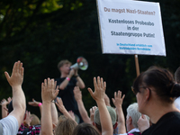 Thousands of people take part in a demonstration against an AF politician event for community dialogue at Essen Philharmonic Hall in Essen,...