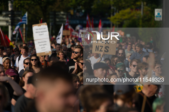 Thousands of people take part in a demonstration against an AF politician event for community dialogue at Essen Philharmonic Hall in Essen,...