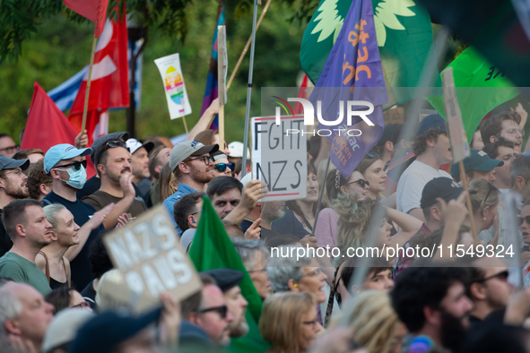 Thousands of people take part in a demonstration against an AF politician event for community dialogue at Essen Philharmonic Hall in Essen,...