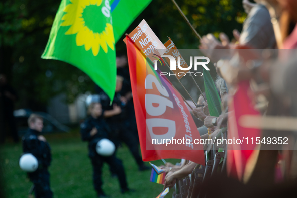 Thousands of people take part in a demonstration against an AF politician event for community dialogue at Essen Philharmonic Hall in Essen,...