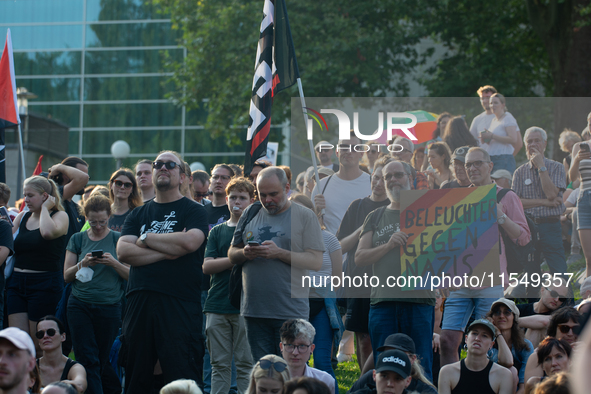 Thousands of people take part in a demonstration against an AF politician event for community dialogue at Essen Philharmonic Hall in Essen,...