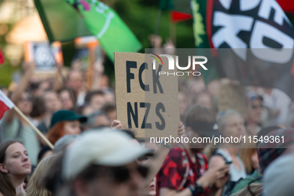 Thousands of people take part in a demonstration against an AF politician event for community dialogue at Essen Philharmonic Hall in Essen,...