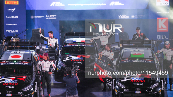 Driver Takamoto Katsuta and co-driver Aaron Johnston, driver Sebastien Ogier and co-driver Vincent Landais, and driver Elfyn Evans and co-dr...