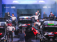 Driver Takamoto Katsuta and co-driver Aaron Johnston, driver Sebastien Ogier and co-driver Vincent Landais, and driver Elfyn Evans and co-dr...