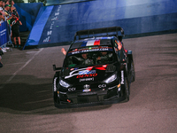 Driver Sebastien Ogier and co-driver Vincent Landais of the team Toyota Gazoo Racing WRT, Toyota GR Yaris Rally1 Hybrid, face the ceremonial...