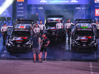 Driver Takamoto Katsuta and co-driver Aaron Johnston, driver Sebastien Ogier and co-driver Vincent Landais, and driver Elfyn Evans and co-dr...