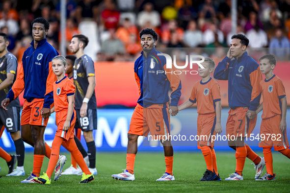 Netherlands player Ryan Flamingo, Netherlands player Ian Maatsen, and Netherlands player Million Manhoef during the match between the Nether...