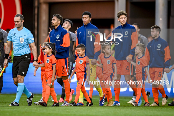 Netherlands player Devyne Rensch, Netherlands goalkeeper Rome-Jayden Owusu-Oduro, Netherlands player Finn van Breemen, and Netherlands playe...