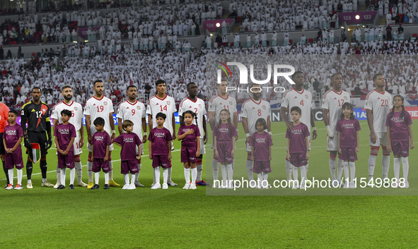 United Arab Emirates team players line up prior to the qualification 3rd round for the FIFA World Cup 2026 group A match between Qatar and U...