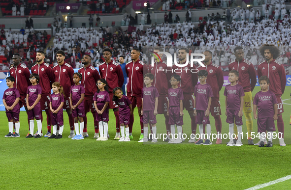 Qatar team players line up prior to the qualification 3rd round for the FIFA World Cup 2026 group A match between Qatar and United Arab Emir...