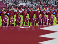 Qatar team players line up prior to the qualification 3rd round for the FIFA World Cup 2026 group A match between Qatar and United Arab Emir...