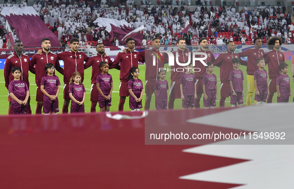 Qatar team players line up prior to the qualification 3rd round for the FIFA World Cup 2026 group A match between Qatar and United Arab Emir...