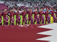 Qatar team players line up prior to the qualification 3rd round for the FIFA World Cup 2026 group A match between Qatar and United Arab Emir...