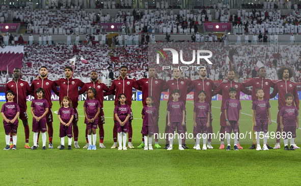 Qatar team players line up prior to the qualification 3rd round for the FIFA World Cup 2026 group A match between Qatar and United Arab Emir...