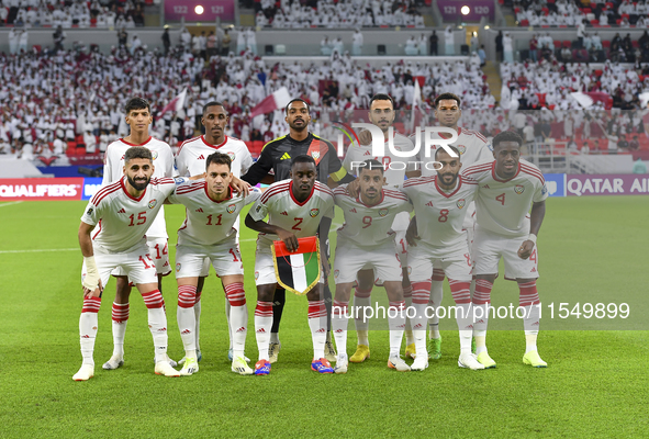 United Arab Emirates team players pose for a team photo before the qualification 3rd round for the FIFA World Cup 2026 group A match between...