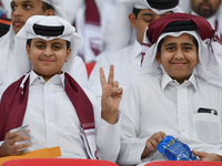 Qatar team supporters cheer for their team during the qualification 3rd round for the FIFA World Cup 2026 group A match between Qatar and Un...