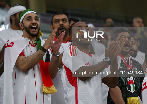 United Arab Emirates team supporters cheer for their team during the qualification 3rd round for the FIFA World Cup 2026 group A match betwe...