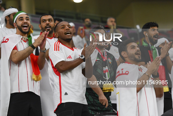 United Arab Emirates team supporters cheer for their team during the qualification 3rd round for the FIFA World Cup 2026 group A match betwe...