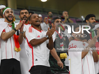 United Arab Emirates team supporters cheer for their team during the qualification 3rd round for the FIFA World Cup 2026 group A match betwe...