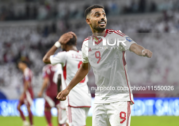 Harib Abdalla of the United Arab Emirates celebrates after scoring during the qualification 3rd round for the FIFA World Cup 2026 group A ma...