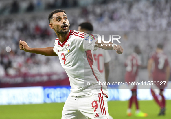 Harib Abdalla of the United Arab Emirates celebrates after scoring during the qualification 3rd round for the FIFA World Cup 2026 group A ma...