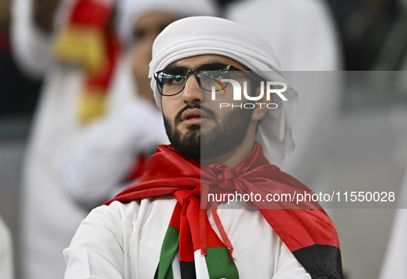 A fan of the United Arab Emirates cheers during the qualification 3rd round for the FIFA World Cup 2026 Group A match between Qatar and the...