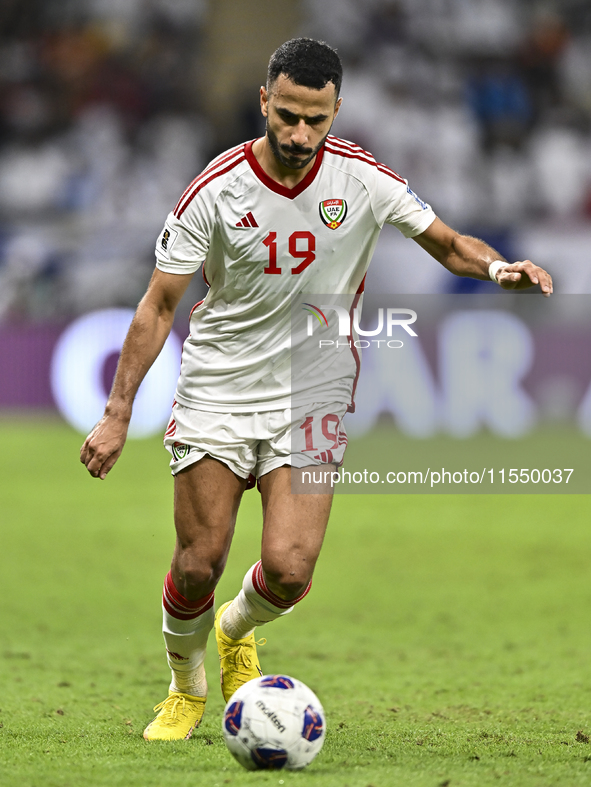 Khaled Aldhanhani of the United Arab Emirates participates in the qualification 3rd round for the FIFA World Cup 2026 group A match between...