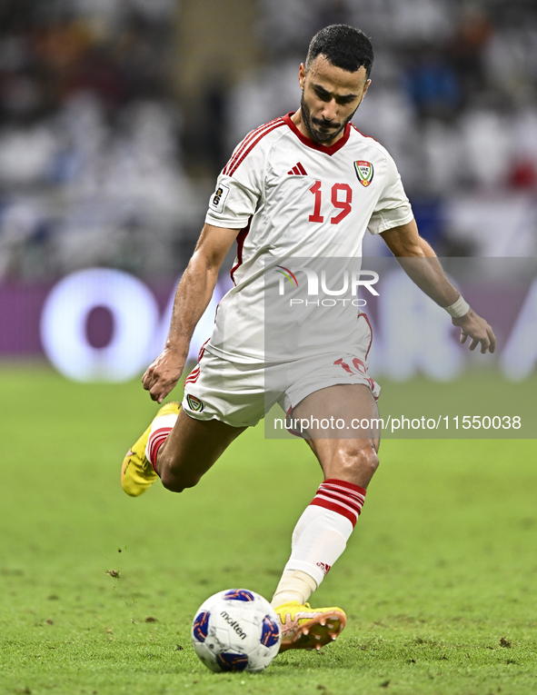 Khaled Aldhanhani of the United Arab Emirates participates in the qualification 3rd round for the FIFA World Cup 2026 group A match between...