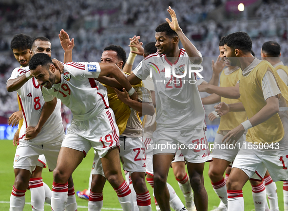 Khaled Aldhanhani (#19) of the United Arab Emirates celebrates after scoring a goal during the qualification 3rd round for the FIFA World Cu...