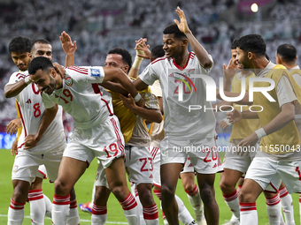 Khaled Aldhanhani (#19) of the United Arab Emirates celebrates after scoring a goal during the qualification 3rd round for the FIFA World Cu...