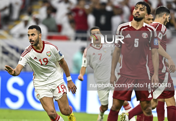 Khaled Aldhanhani (#19) of the United Arab Emirates celebrates after scoring a goal during the qualification 3rd round for the FIFA World Cu...