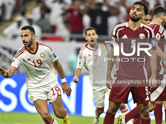 Khaled Aldhanhani (#19) of the United Arab Emirates celebrates after scoring a goal during the qualification 3rd round for the FIFA World Cu...