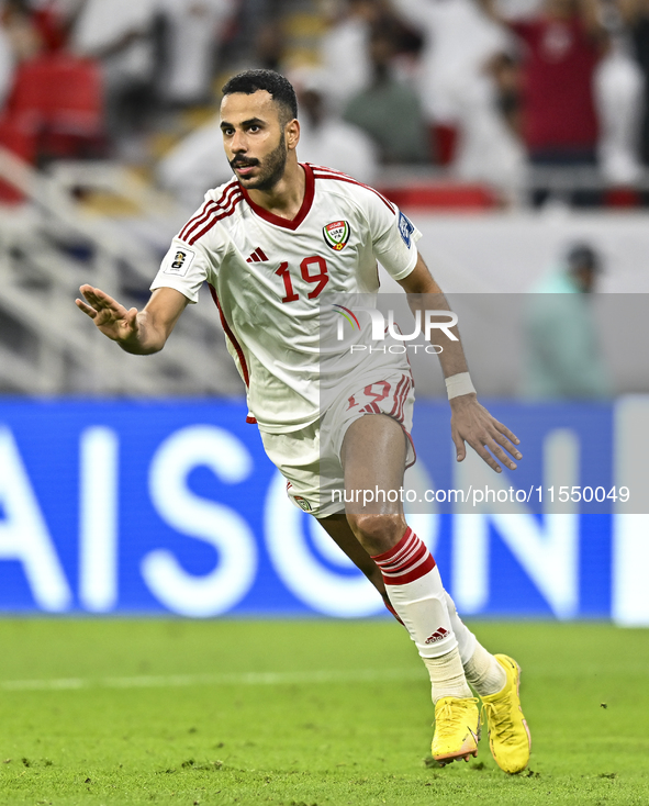 Khaled Aldhanhani (#19) of the United Arab Emirates celebrates after scoring a goal during the qualification 3rd round for the FIFA World Cu...