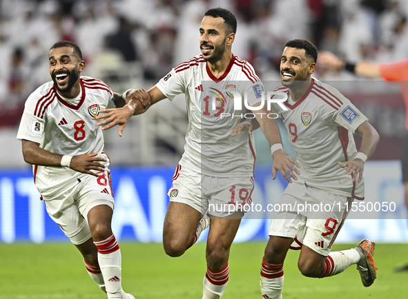 Khaled Aldhanhani (#19) of the United Arab Emirates celebrates after scoring a goal during the qualification 3rd round for the FIFA World Cu...