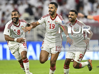 Khaled Aldhanhani (#19) of the United Arab Emirates celebrates after scoring a goal during the qualification 3rd round for the FIFA World Cu...