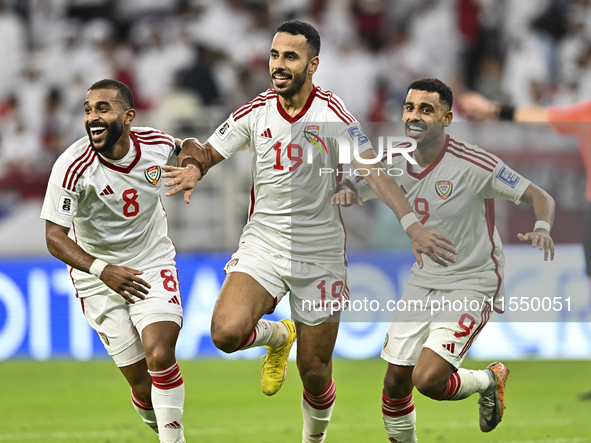 Khaled Aldhanhani (#19) of the United Arab Emirates celebrates after scoring a goal during the qualification 3rd round for the FIFA World Cu...