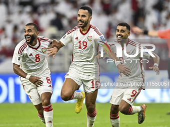 Khaled Aldhanhani (#19) of the United Arab Emirates celebrates after scoring a goal during the qualification 3rd round for the FIFA World Cu...