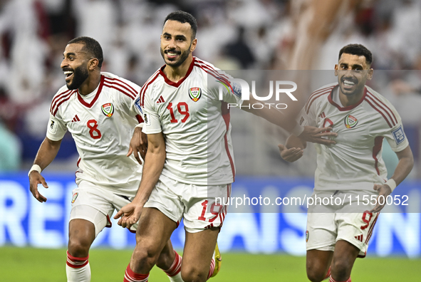 Khaled Aldhanhani (#19) of the United Arab Emirates celebrates after scoring a goal during the qualification 3rd round for the FIFA World Cu...