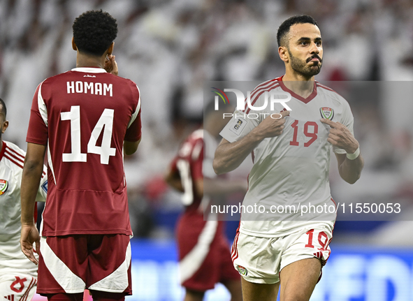 Khaled Aldhanhani (#19) of the United Arab Emirates celebrates after scoring a goal during the qualification 3rd round for the FIFA World Cu...