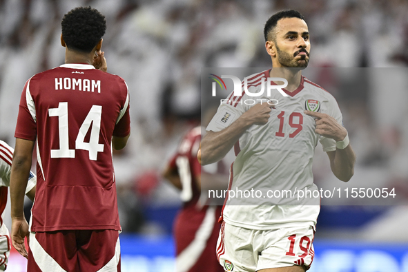 Khaled Aldhanhani (#19) of the United Arab Emirates celebrates after scoring a goal during the qualification 3rd round for the FIFA World Cu...