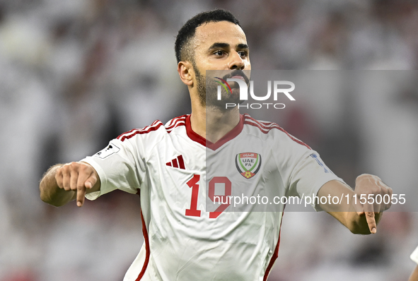 Khaled Aldhanhani (#19) of the United Arab Emirates celebrates after scoring a goal during the qualification 3rd round for the FIFA World Cu...