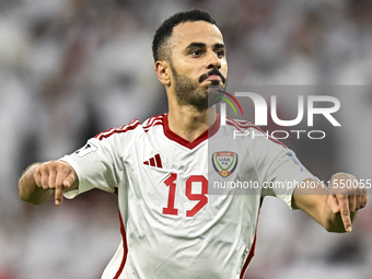 Khaled Aldhanhani (#19) of the United Arab Emirates celebrates after scoring a goal during the qualification 3rd round for the FIFA World Cu...