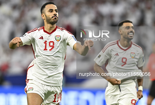 Khaled Aldhanhani (#19) of the United Arab Emirates celebrates after scoring a goal during the qualification 3rd round for the FIFA World Cu...